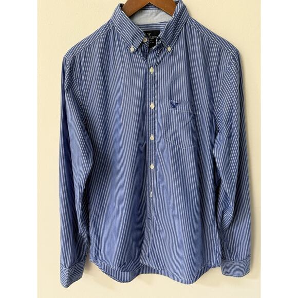 American Eagle Mens Button Down White Blue Striped Preppy Shirt Size Small - Picture 1 of 10